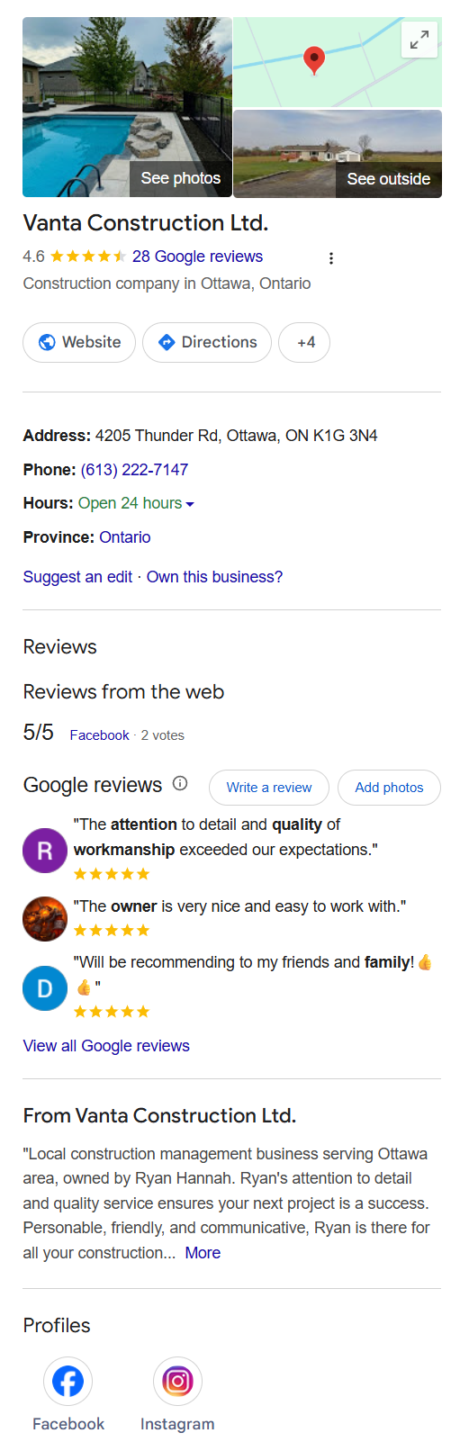 Vanta Construction's Google listing, as Google shows it beside the search results. It is described as a construction company in Ottawa, the address reads 4205 Thunder Rd, the hours read open 24 hours, and the description trails off before naming any service.